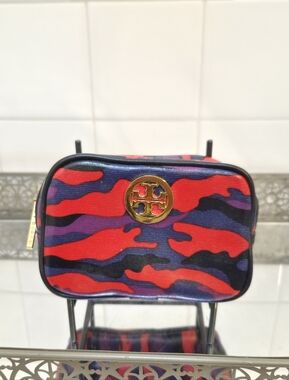 Tory Burch Red & Purple Camouflage Cosmetic Bag